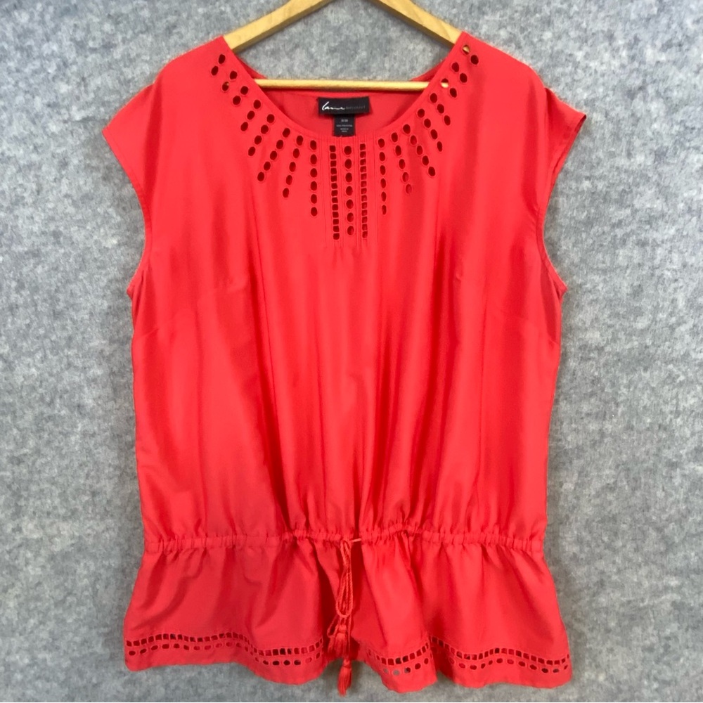 Lane Bryant Top Size 18/20 Red Orange Eyelet Tassel Drawstring Cap Sleeve Boho
